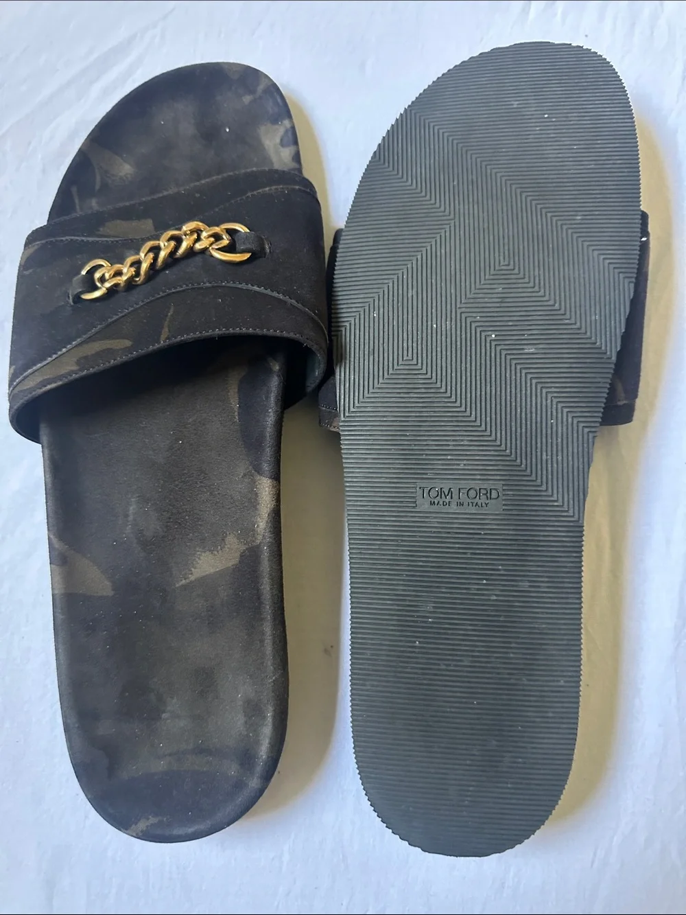 Tom Ford Gold Chain Accent Green Black Camouflage Men’s Slide Sandals Size 12T
